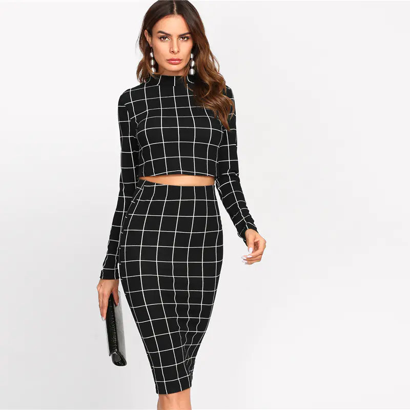 Fashionable Slim Fit Plaid Dress Set for Women